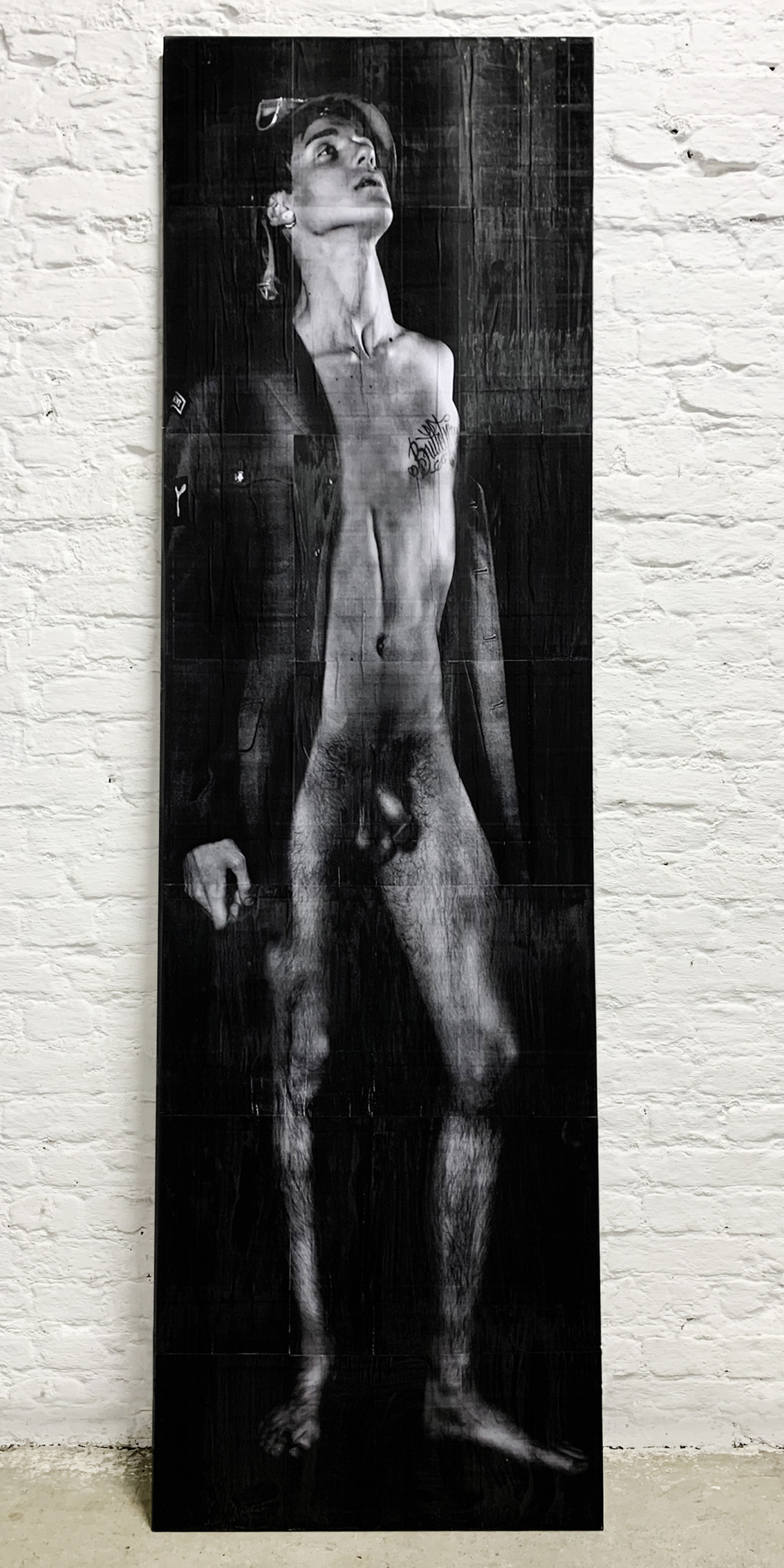 ROYAL AIRFORCE REGIMENT, laserprint, charcoal and varnish on plywood 175 x 50 cm