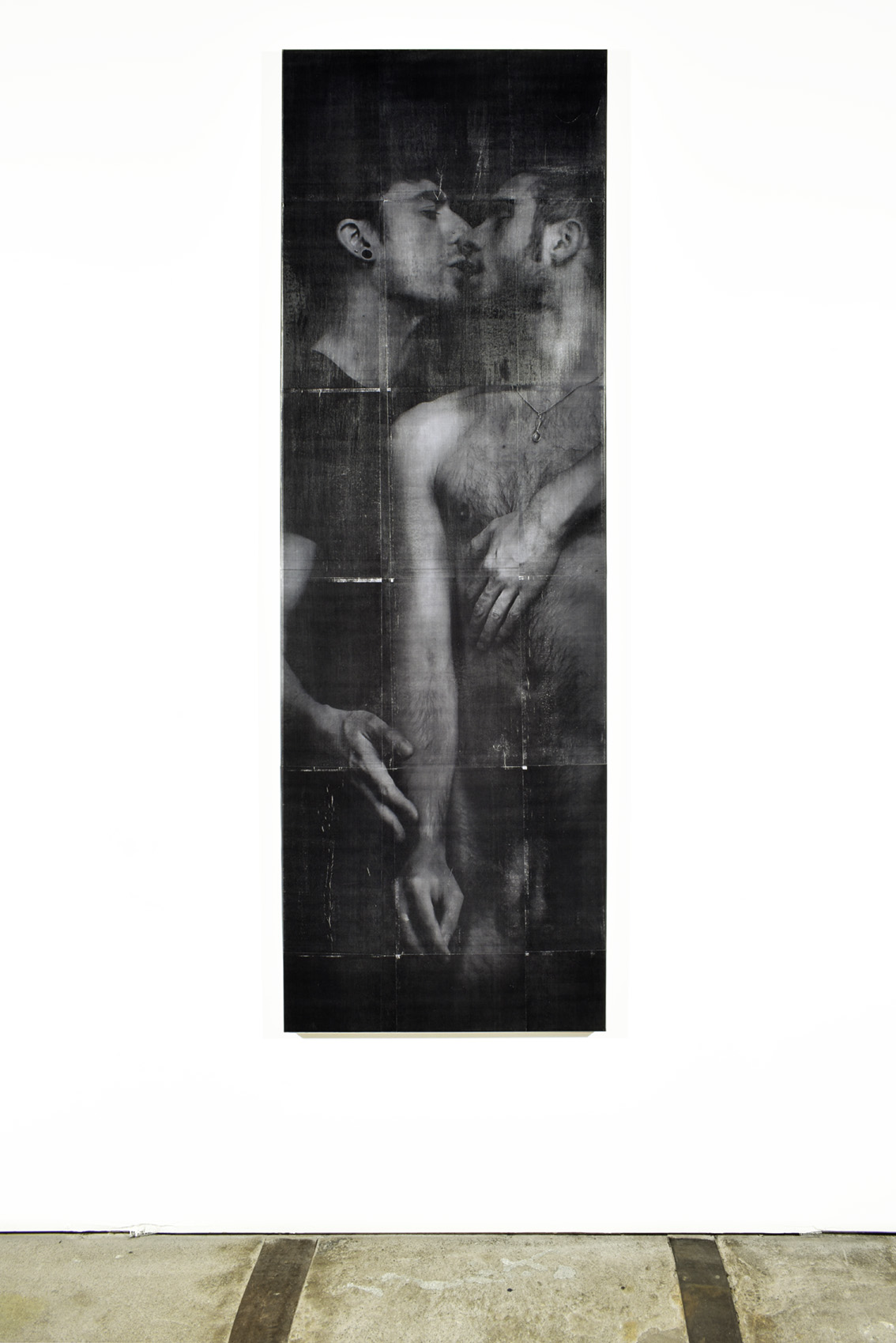 Hunting for memories, a reworked autoportrait with cedric from 2008, laserprint, pigment and varnish on art panel 175 x 50 cm