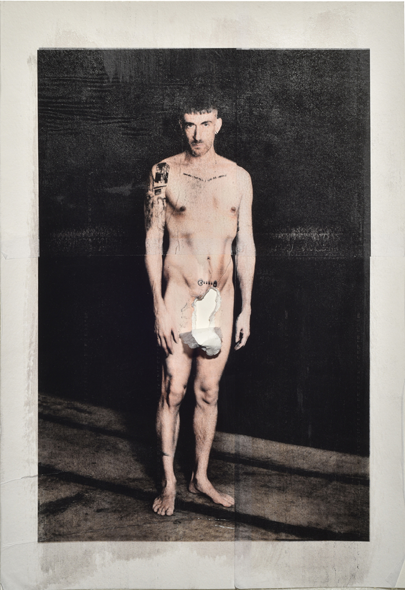 SELFCASTRATION, A MUTILATED SELFPORTRAIT, doubled inkjet, laserprint, pigment and varnish on Hahnemuhle Bamboo, 33 x 48 cm